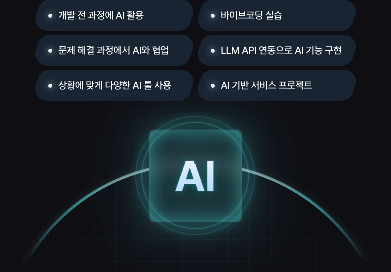text: 데브코스 AI 활용 요소 : 개발 전 과정에 AI 활용, 문제 해결 과정에서 AI와 협업, 상황에 맞게 다양한 AI 툴 사용, 바이브코딩 실습, LLM API 연동으로 AI 기능 구현, AI 기반 서비스 프로젝트