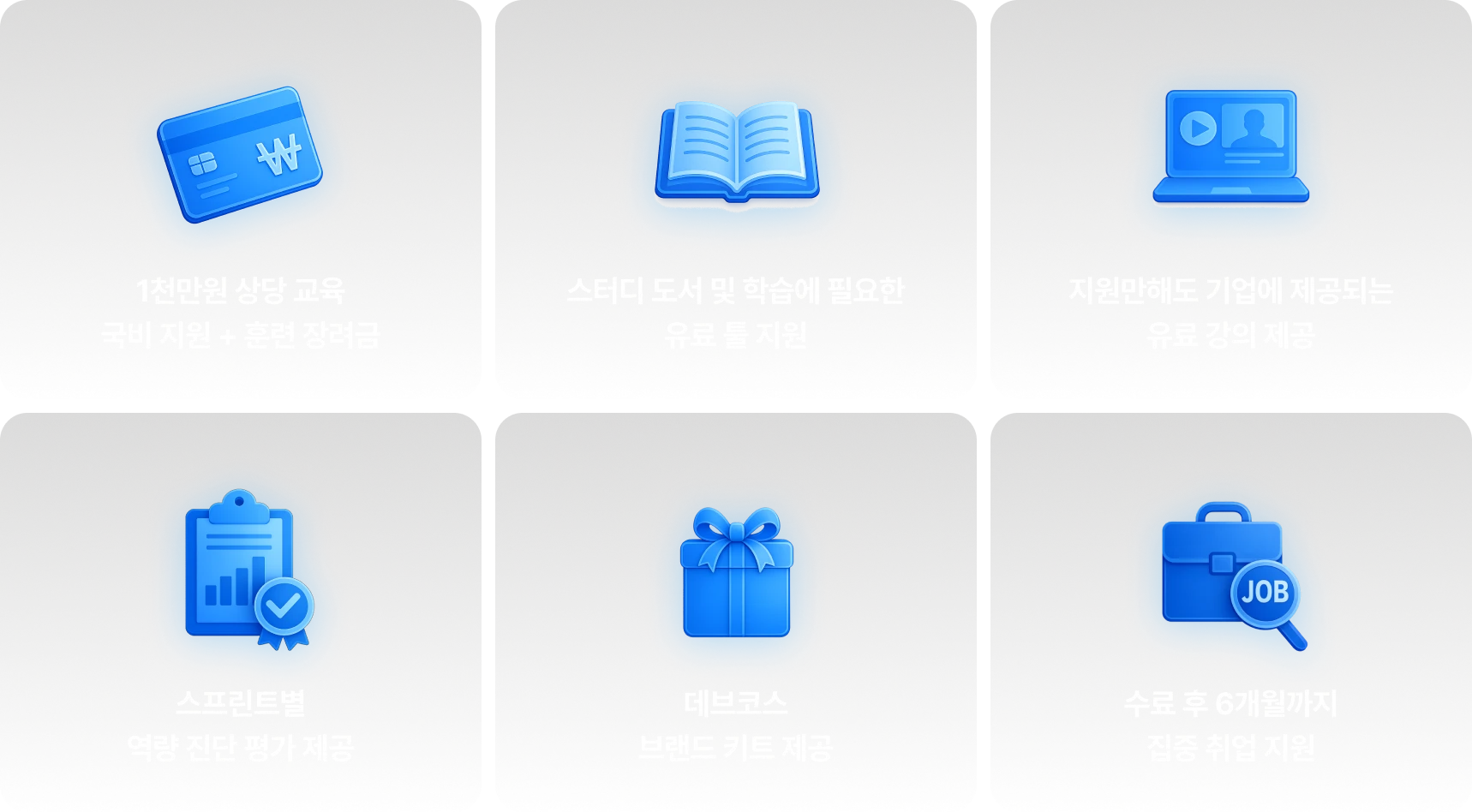 text: 혜택 모음 - 1천만원 상당 교육 국비 지원 + 훈련 장려금, 스터디 도서 및 학습에 필요한 유료 툴 지원, 지원만해도 기업에 제공되는 유료 강의 제공, 스프린트별 역량 진단 평가 제공, 데브코스 브랜드 키트 제공, 수료 후 6개월까지 집중 취업 지원