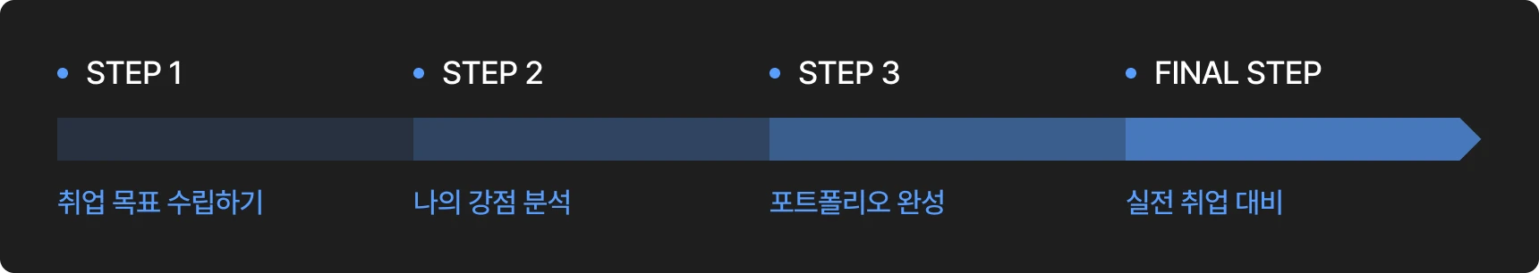 텍스트 : 데브패스의 취업 준비 커리큘럼 : 취업 목표 수립 > 나의 강점 분석 > 포트폴리오 완성 > 실전 취업 대비