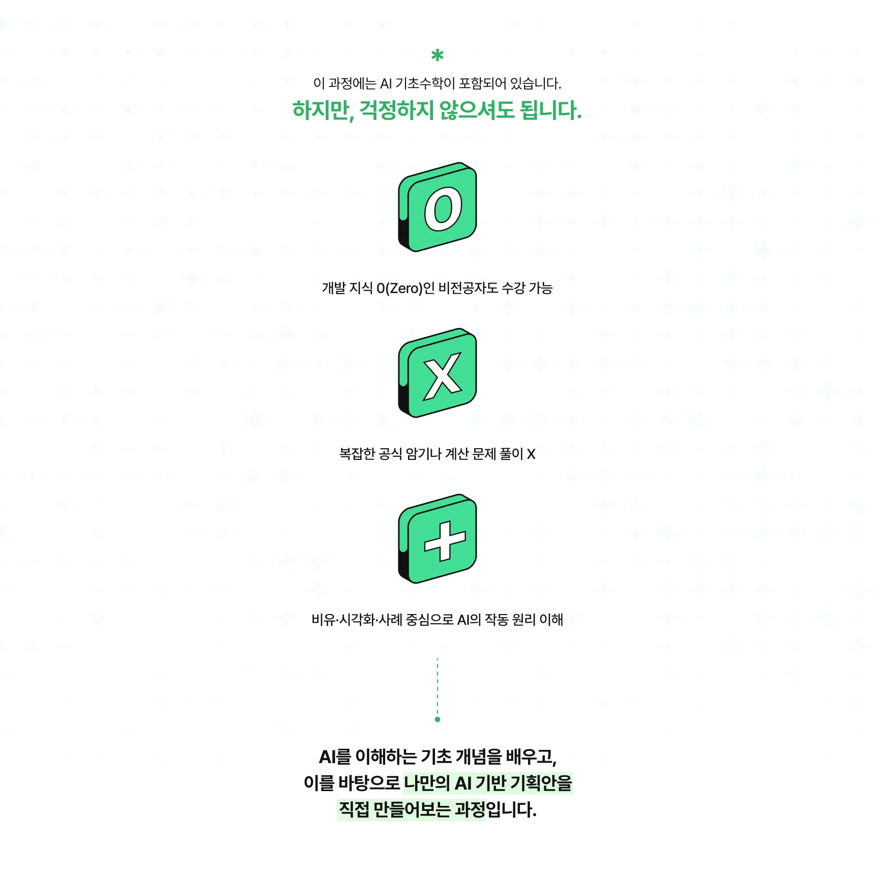 이 과정에는 AI 기초수학이 포함되어 있습니다. 하지만, 걱정하지 않으셔도 됩니다. 개발 지식 0인 비전공자도 수강 가능