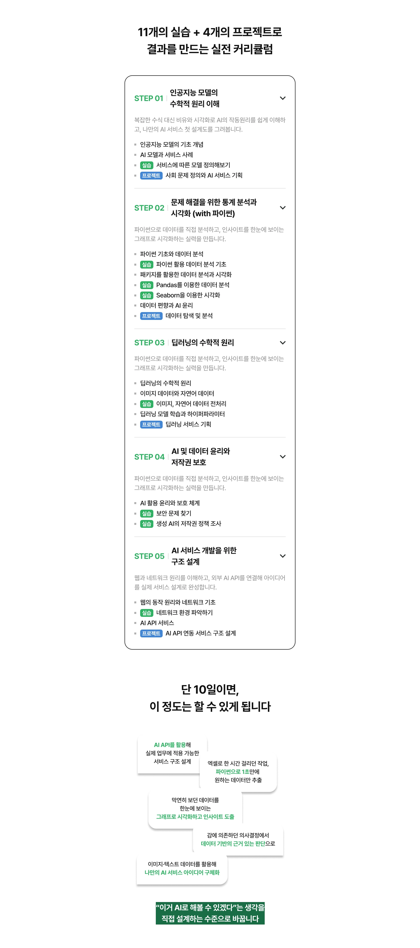 커리큘럼 설명 : 인공지능 모델의 수학적 원리 이해, 파이썬을 통한 통계 분석과 시각화, 딥러닝의 수학적 원리, 데이터 윤리와 저작권 보호, AI API 어플리케이션 개발 구조 설계 등