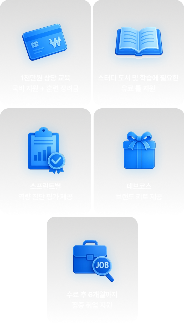 text: 혜택 모음 - 1천만원 상당 교육 국비 지원 + 훈련 장려금, 스터디 도서 및 학습에 필요한 유료 툴 지원, 지원만해도 기업에 제공되는 유료 강의 제공, 스프린트별 역량 진단 평가 제공, 데브코스 브랜드 키트 제공, 수료 후 6개월까지 집중 취업 지원