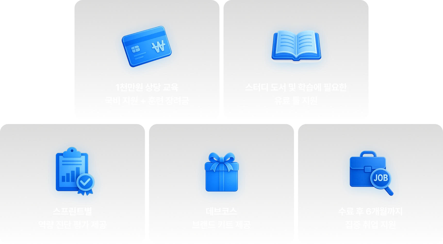 text: 혜택 모음 - 1천만원 상당 교육 국비 지원 + 훈련 장려금, 스터디 도서 및 학습에 필요한 유료 툴 지원, 지원만해도 기업에 제공되는 유료 강의 제공, 스프린트별 역량 진단 평가 제공, 데브코스 브랜드 키트 제공, 수료 후 6개월까지 집중 취업 지원