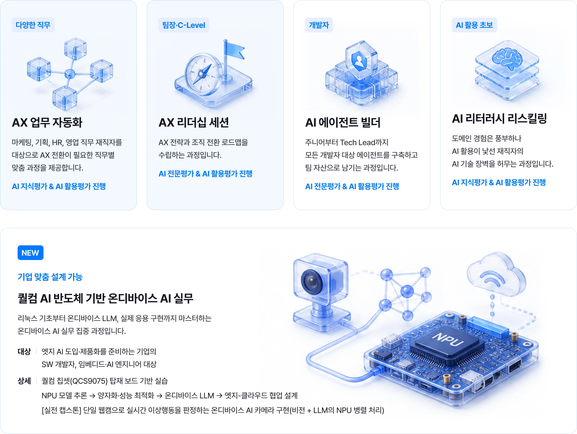 직무별 맞춤 AX 교육: 마케팅·기획·HR·영업을 위한 AX 업무 자동화, 팀장·C-Level을 위한 AX 리더십 세션, 개발자를 위한 AI 에이전트 빌더, AI 활용 초보를 위한 AI 리터러시 리스킬링. 지식·전문평가와 AI 활용평가를 진행합니다. 기업 맞춤 설계가 가능한 퀄컴 AI 반도체 기반 온디바이스 AI 실무 과정: 리눅스 기초, 온디바이스 LLM, QCS9075 보드 실습, NPU 추론·양자화·성능 최적화, 엣지-클라우드 협업 및 실전 AI 카메라 구현.
