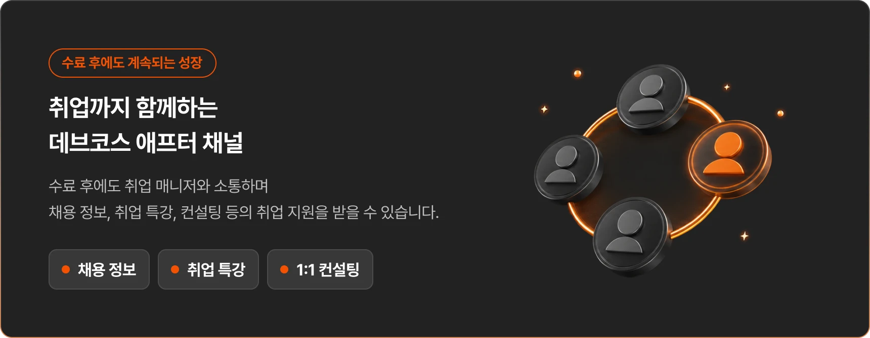 수료 후에도 계속되는 성장. 취업까지 함께하는 데브코스 애프터 채널에서 취업 매니저와 소통하며 채용 정보, 취업 특강, 1:1 컨설팅 등 취업 지원을 받을 수 있습니다.