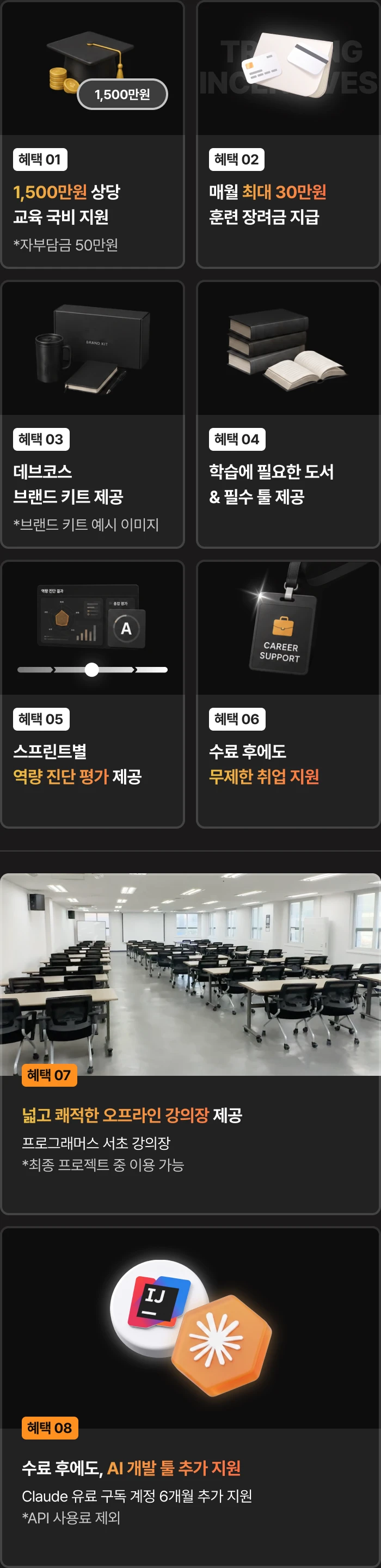 데브코스 수강생 혜택: 1,500만원 상당 교육 국비 지원(자부담금 50만원), 매월 최대 30만원 훈련 장려금, 데브코스 브랜드 키트(예시 이미지), 학습 도서와 필수 툴, 스프린트별 역량 진단 평가, 수료 후 무제한 취업 지원, 최종 프로젝트 중 프로그래머스 서초 오프라인 강의장 이용, 수료 후 Claude 유료 구독 계정 6개월 추가 지원(API 사용료 제외).