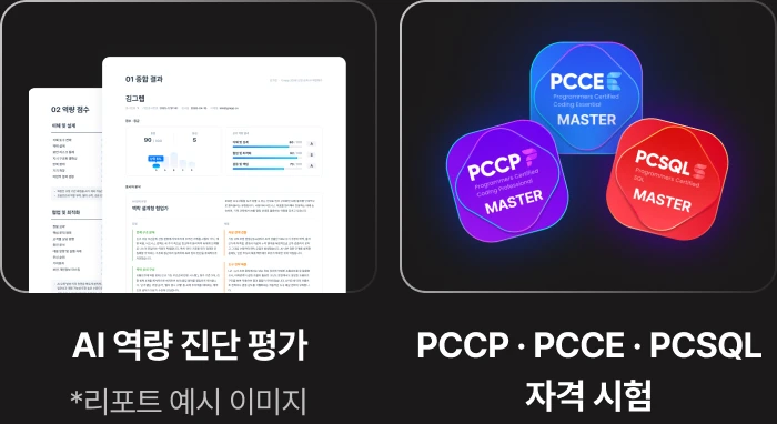 AI 역량 진단 평가 리포트 예시 이미지와 PCCP·PCCE·PCSQL 자격 시험
